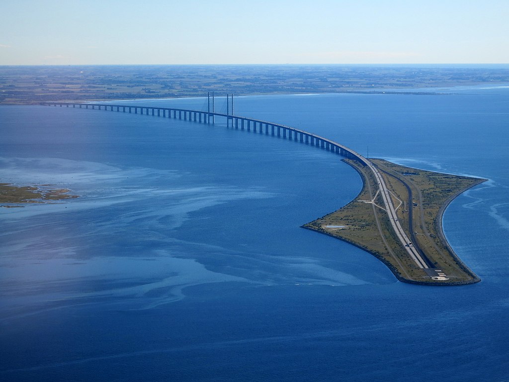 Øresund Bridge viewed from a plane taking off from Copenhagen Airport